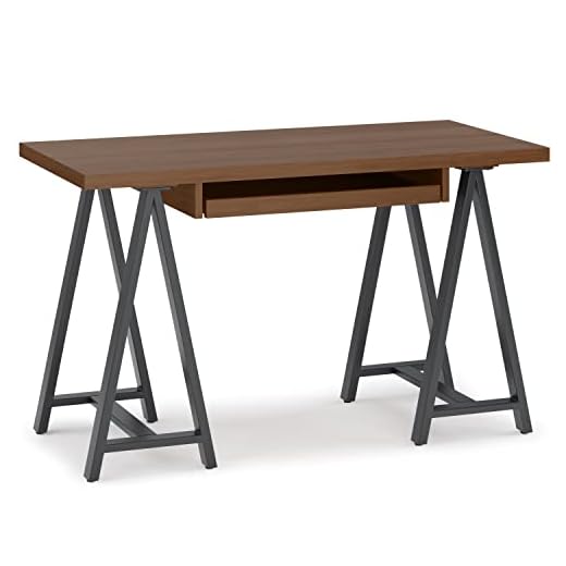 SIMPLIHOME Sawhorse Industrial 50 inch Wide SOLID WALNUT WOOD and Metal Small Desk in Walnut for the Office Desk, Writing Table, Workstation and Study Table