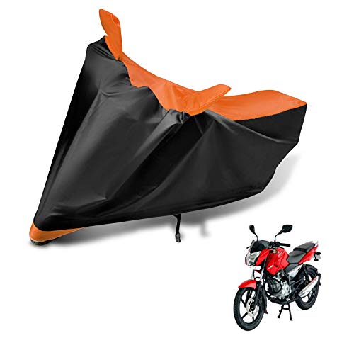 Image of Auto Hub Bike Cover Compatible with Bajaj Pulsar 135 LS with Mirror Pocket, Dustproof, Heat Resistant, Triple Stitched, Pulsar 135 Bike Cover- Black, Orange
