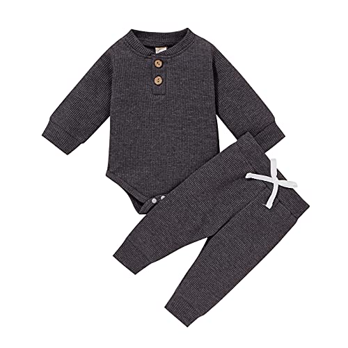 Image of Ledy Champswiin Unisex Newborn Infant Baby Boy Girl Solid Clothes Set Waffle Knit Ribbed Outfit Fall Winter Long Sleeve Button Tops Pants 2PCS, Waffle Knit Dark Grey