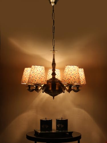 Image of Devansh 05 Lights Printed conical Cotton Shade with Antique Golden Chandelier -C