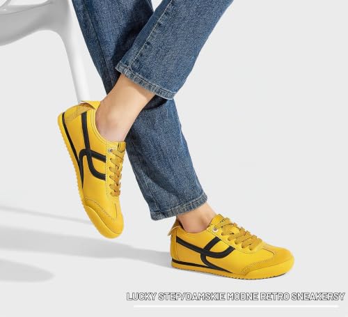 LUCKY STEP Damskie retro modne trampki cienka podeszwa codzienne chodzenie lekkie tenisówki do biegania na siłowni trening klasyczne wygodne buty sportowe, ŻÓŁTY, 42 EU