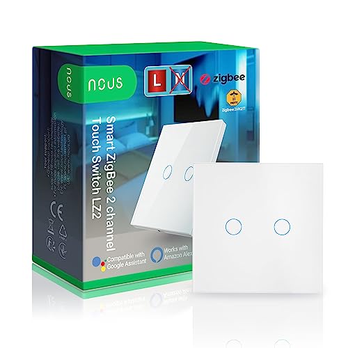 Smart Doppelter Lichtschalter Touch ZigBee, funktioniert mit neutral und ohne neutral Lichtschalter Touch für Alexa, Smarter Lichtschalter Unterputz, Lichtschalter Glas, MQTT, ZigBee2MQTT - NOUS LZ2