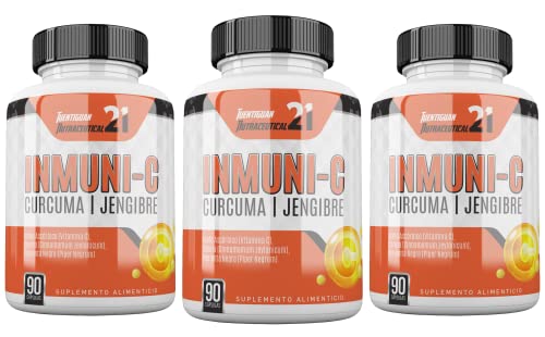 INMUNI-C, 3-Pack: Combo de 5 ingredientes, Cúrcuma, Jengibre, Canela, Pimienta Negra y Vitamina C. Mejora el funcionamiento de los aparatos respiratorio, circulatorio y digestivo. 3 frascos con 90 cápsulas para 3 meses.