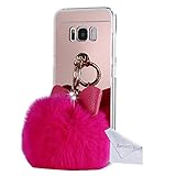 Galaxy S8 Plus Case with Fur Ball for Girls, Awsaccy(TM) Lovely Cute 3D Bowknot Fluff Ball Fluffy Pom Pom Keychain Shiny Crystal Bling Mirror Design TPU Phone Back Case for Galaxy S8 Plus Hot Pink