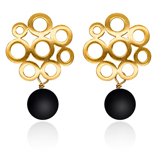 Tamii - Ohrringe gold-schwarz, runde matte Retro-Ohrstecker mit...