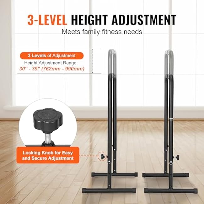 VEVOR Dip Bars, 440 lbs Capacity, Heave Duty Dip Stand Station with Adjustable Height, Fitness Workout Dip Bar Station Stabilizer Parallette Push Up Stand, Parallel Bars for Strength Training Home Gym