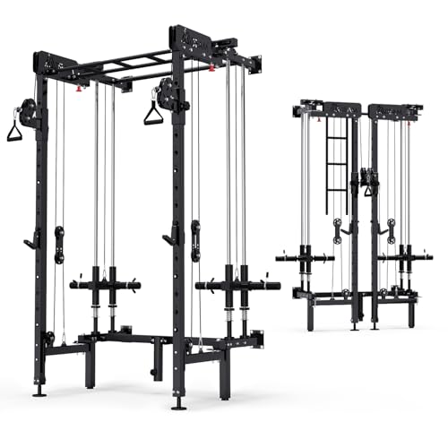 Folding Power Rack, Wall Mounted Squat Rack with Cable Crossover Machine & LAT Pull Down Multi-Function Space-Saving Power Cage with 7 Adjustable Modes/Dual Pulley System/Pull-up Bar/360°Landmine