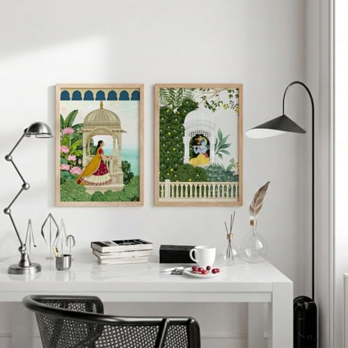 Image of TheMakerly Traditional Indian Wall Painting Set of 2 | Radha Krishna Wall Art Frames | Vintage Religious Wall Decor for Living Room Bedroom Home Temple (KR04, 13x19 inches)