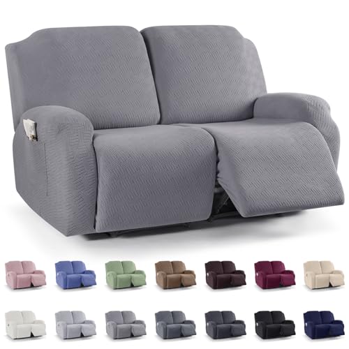 KinCam Recliner Covers, Stretch Reclining Chair Covers, Recliner Sofa Slipcovers Stripe Jacquard Recliner Couch Covers Furniture Protector Covers for Pet Kid (2XL Seater, Light Gray)
