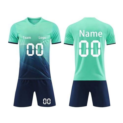 Personalised Football Jersey für Kinder Erwachsener Fußball Trikot Set mit T-Shirt und Shorts Fussball Set Customisable Namen Nummer Team und Logo