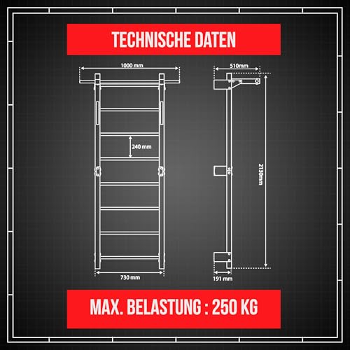 K-Sport: Sprossenwand mit 8 Sprossen I Klettergerüst bis 250kg belastbar I Turnwand mit Klimmzugstange I Metall-Kletterwand zur Wandmontage für Erwachsene & Kinder, inkl. E-Book