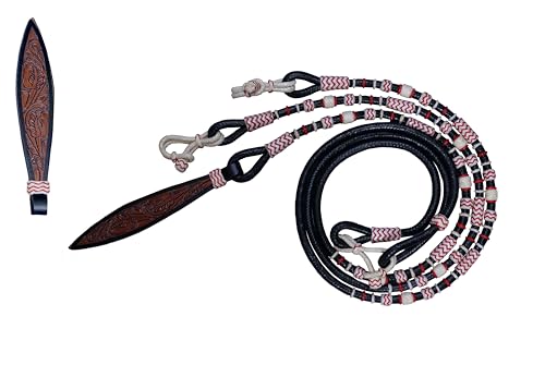 WeavingCraft Horse Western Tack Cowhide Leather Rope with White,Red Plaited Design- Hand Braided Knots Romal Reins (Black) Hand Made Ranch Rope/RopeReins-8.5 Ft Rein, 52' Romel