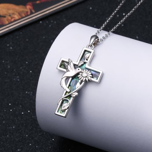 Ladytree Hummingbird Necklace S925 Sterling Silver Abalone Shell Cross Sunflower Necklaces Bird Catholic Jewelry Christian Gifts for Women3