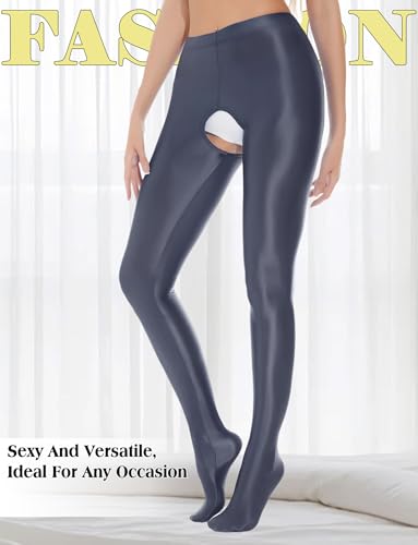 Image of FEOYA Women's Open Crotch Oil Shiny Pantyhose High Waist Control Top Silky Oily Crotchless Footed Tights Stockings