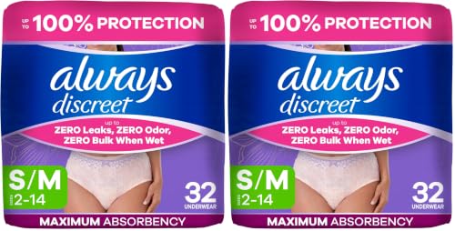 Image of Always Discreet Adult Diapers for Women, Incontinence Underwear, Postpartum Essentials, Disposable Briefs, Max Absorbency, Bladder Leak Protection, Small /Medium, 32ct (Pack of 2)