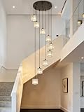 Meimond Long Chandeliers for High Ceilings,Modern Crystal Pendant Light,Raindrop Drop Lamp,Hanging Flush Mount Lighting Fixtures for Spiral Staircase,Foyer,Entryway,Living Room,Black (8 Lights)