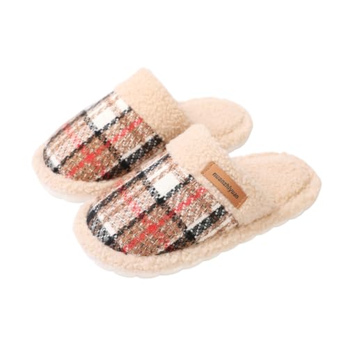 Premium Comfort Fleece Plaid Grid Design Non Slip Women's Fuzzy House Slippers Indoor Soft Warm Home Furry Shoes