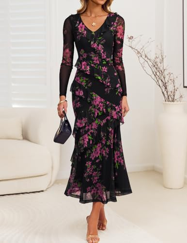 ZESICA Women's Fall Floral Long Sleeve Maxi Dress 2025 Boho Bodycon V Neck Ruffle Wedding Party Long Dresses2