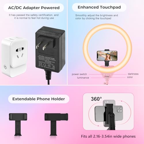 Image of Aureday 14'' Pink Selfie Ring Light with 62'' Tripod Stand and Phone Holder, Dimmable LED Phone Ringlight for Makeup /Video Recording /Photography, Circle Lighting for Cell Phones&Lightweight Cameras