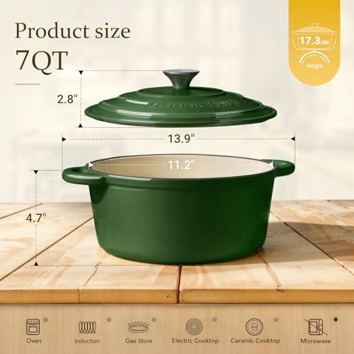 Image of Overmont Enameled Cast Iron Dutch Oven - 7QT Pot with Lid Cookbook & Cotton Potholders - Heavy-Duty Cookware for Braising, Stews, Roasting, Bread Baking GlossyGreen