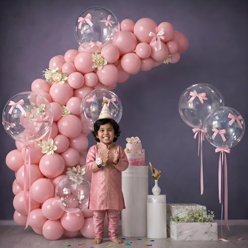 Image of Party Propz Transparent Balloon Decoration Kit - Set of 17 Clear Round Balloons with Pink Latex Balloons & Ribbon for Birthday Party, Baby Shower