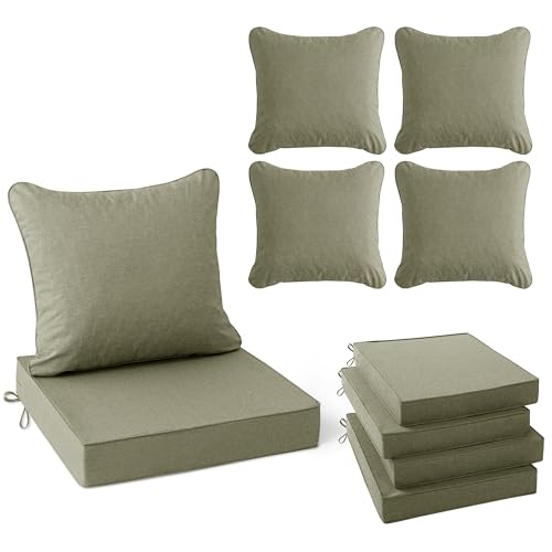 Image of Summsun Water Resistant Outdoor Chair Cushions, Faux Linen Backrest and Seat Cushion Set with Ties, Removable Cover, Non-Slip Bottom for Patio Furniture, 19 x 19 Inch, Mocca Green, Set of 4