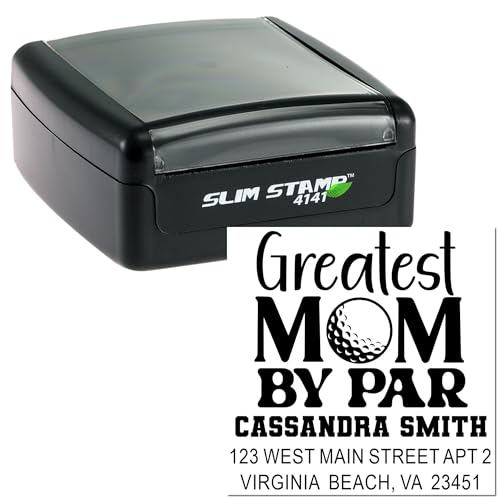 Image of Portable Golfing Mom Tribute Slim Pre-Inked Rubber Stamp - for Packaging | Choice of 5 ink colors. Small Return Address Stamp. Country Club Stamp. Refillable reservoir. Nothing preset. Stores flat.