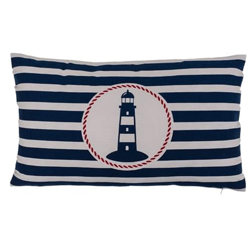 Seaside No.64 - Maritimes Kissen mit Leuchtturm für Couch, Bett, Boot, Terrasse - blau und weiß/Creme gestreift - in der Größe 30cm x 50cm - mit Reißverschluss - waschbar bei 30° Seaside No.64 - Maritimes Kissen mit Leuchtturm für Couch, Bett, Boot, Terrasse - blau und weiß/Creme gestreift - in der Größe 30cm x 50cm - mit Reißverschluss - waschbar bei 30°