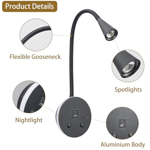 Image of Book Lights for Reading at Night, LED Wall Mounted Reading Light, Flexible Gooseneck Wall Lamps for Bedroom, Plug in Wall Lights with USB Charging, Bedside Wall Sconces Focused Bed Lamp (Black)