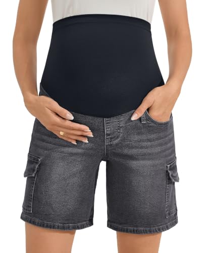 Image of PACBREEZE Women's Maternity Jean Shorts Over Belly Stretch Denim Shorts Trendy Summer Pregnancy Clothes