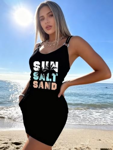 Image of Live Simple Coconut Tree Color Block Mini Dress for Women Summer Beach Vacation Tank Dresses Sleeveless Short Dress