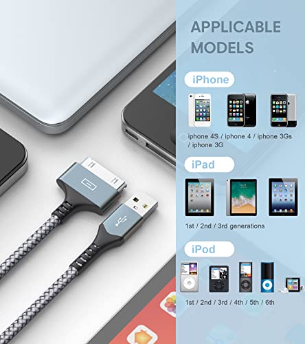 Avibrex Usb To 30 Pin Charging Cable 10Ft 2-Pack, Usb Fast Charging & Sync Data Cable Nylon Braided Cord Compatible Iphone 4/4S/3G/3Gs, Ipad 1 2 3,Ipod Touch 4 3 2 1, Ipod Classic 3 2 1-Grey #TOP1