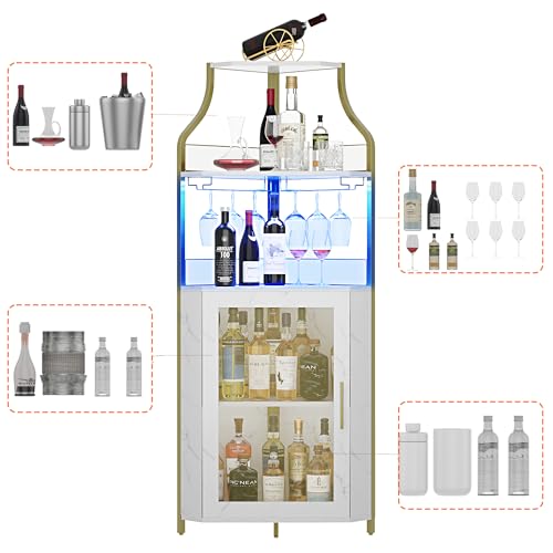 GarveeHome Corner Bar Wine Cabinet with LED Lights, 5-Tier Industrial Wine Cabinet with Glass Holder, Modern Liquor Cabinet with Adjustable Shelf, Home Bar Cabinet with Mesh Door, Gold - Image 5