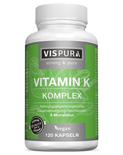 VISPURA® Vitamin K Komplex hochdosiert K1 1.000 µg + K2 Menaquinon (1.000 µg MK4 + 200 µg MK7) - 120 Kapseln vegan beste Bioverfügbarkeit ohne Trennmittel Magnesiumstearat