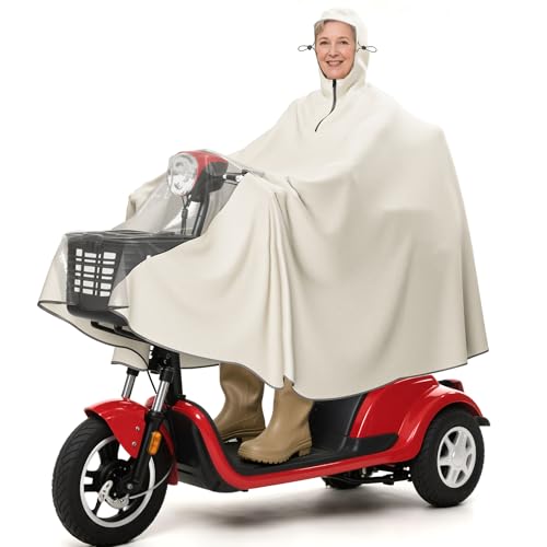 [S] Mobility Scooter Cape/Poncho/Rain Cover For Scooters & Wheelchair Waterproof & Warm Cover Your Feet and Calves Adjustable Hood with Elastic String Toggles (beige S)