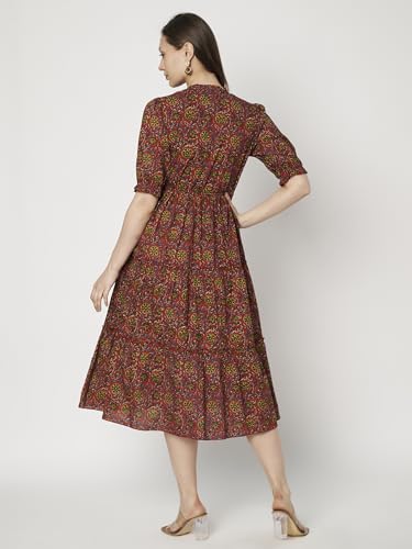 Image of Women's Floral Summer Maxi Dress I Cotton Printed I One Piece Bodycon Midi Dress with V-Neck, Puffed Sleeves