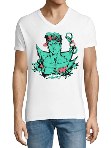 T-shirt Anime 76 col en V en coton blanc pour homme au style decontracte au quotidien