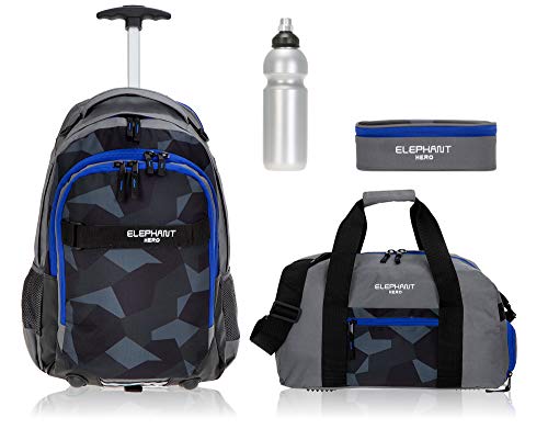 4 Teile Set Trolley Elephant Hero Signature Schultrolley Rucksack Trolly Sporttasche Mäppchen Flasche 12771 (Cyber Camo Blau)