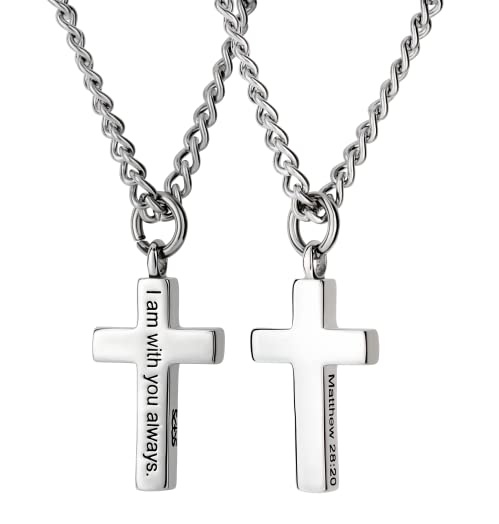 Shields of Strength Matthew 28:20 Cross Necklace for Men Stainless Steel or Gold Plated Christian Jewelry – Engraved “I Am With You Always” – Inspirational Bible Verse Necklace3