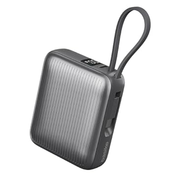 Basike Power Bank, Carregador Portátil 10000mAh 35W, 2-Saídas com Cabo Tipo-C Integrado, Bateria Externa de Carregamento Rápido PD/QC para iPhone Séries 17/16/15, Samsung S25/24/23/22 (Cinza)