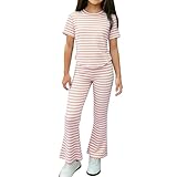 Kids Girls 2 Piece Casual Outfits Stripe Sleeveless Tops Elastic Waist Wide Leg Flare Pants Teen Summer Fashion Baggy(Pink, 12-18 Months)