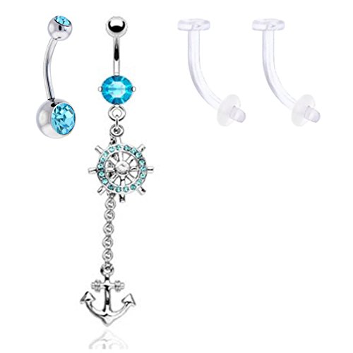 Belly Button Ring Anchor Long Aqua with Aqua Double Gem Belly Ring Surgical Steel and 2 Retainer 14 Gauge (4 Pieces)