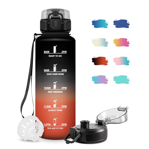 JAPORIA Bouteille Sport 1.5L, Bouteille d'eau Étanche, Gourde avec Filtre sans BPA, Gourde Motivation, Gourdes Sport avec Marqueur de Temps pour l'école, Sport, Bureau, Yoga, Camping