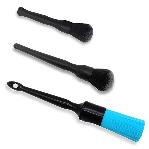 3 Pack Car Ultra Soft Detailing Brush Kit, Car Detailing Brush Set for Interior Exterior Dashboard Cleaning Air Vent Bay Emblems Seat Wheels, Engine, Wheel Nut, 2 Pack Black and 1 Pack Blue