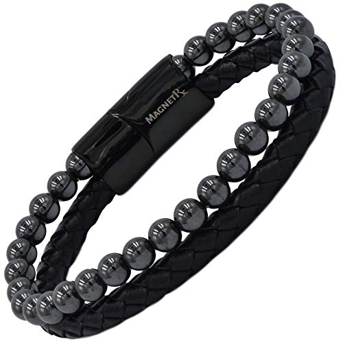 MagnetRX® Hematite & Leather Magnetic Bracelet – Max Strength Natural Stones – Beaded Magnetic Hematite Bracelets (Medium)