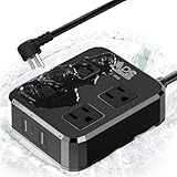 Outdoor Power Strip Weatherproof, Waterproof Surge Protector with 4 Wide Outlets & 3 USB Ports, 6FT Extension Cord, Wall Mountable, Overload Protection for Patio Garden Christmas Lights, ETL Listed