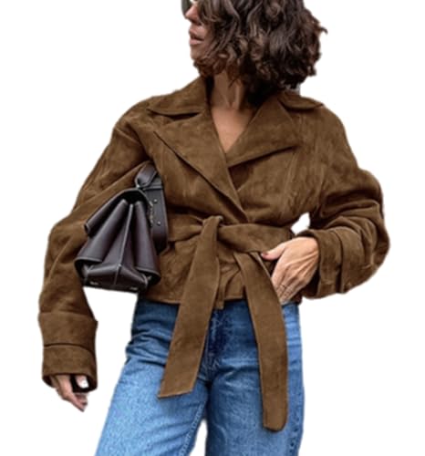RISCUYY Suede Jacket Women Brown Belted Long Sleeve Lapel Button Down Cropped Faux Suede Jacket Women 2025