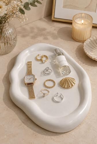 Durga Puja: Traditional vs Contemporary Decor 99 Handcrafted White Concrete Trinket Tray | Decorative Jewelry Orga...