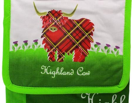 Royal Tara Scottish Cotton Tea Towel and Pot Holder with Highland Cow, Green, Red - Image 2