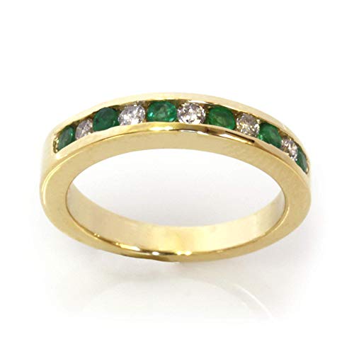 0.35 ct tw Natural Green Emerald & Diamond Solid 14k Yellow Gold Channel Set Stackable Wedding Band Ring for Women 3 mm - May Birthstone